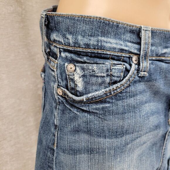 7FAM 7 For All Mankind Y2K Denim Blue Jean Mini Skirt Raw Distressed Hem - Picture 3 of 13